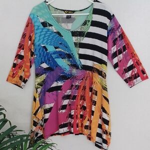 Valentina Multi-Color Striped V-Neck Tunic with Abstract Print